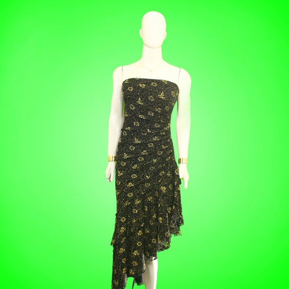 Chic 1990s Vintage Black & Gold Floral Asymmetrical Midi Dress - Picture 1 of 4